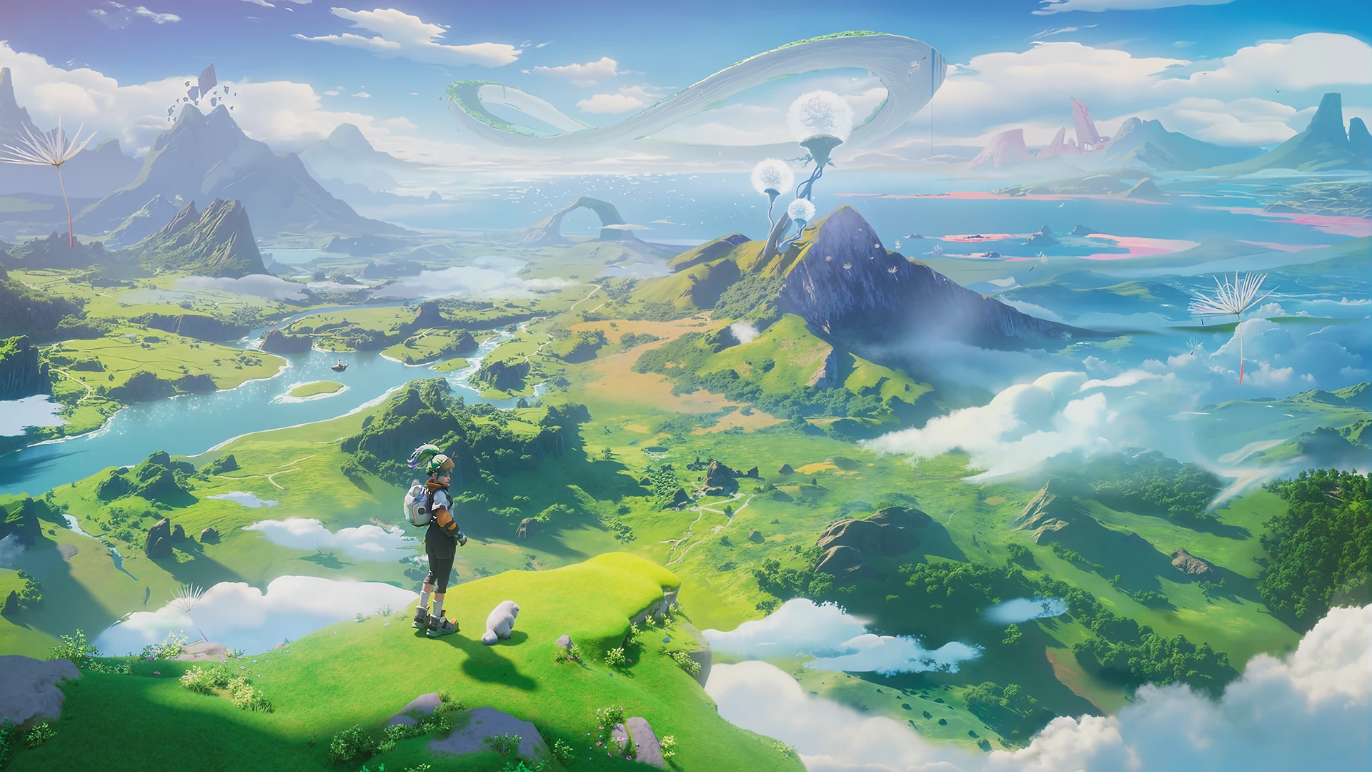 Aniimo world overlooking highlands, clouds and distant creatures